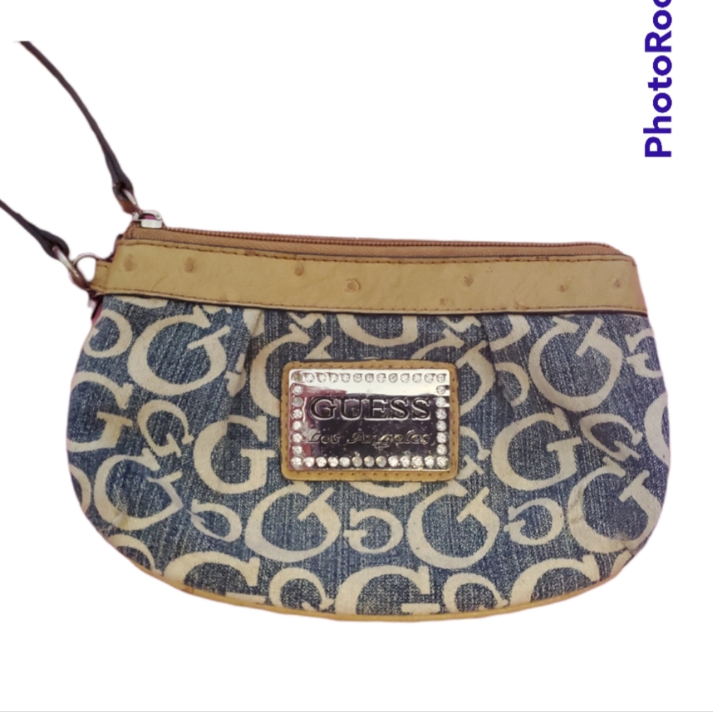 GUESS Marciano Blue Denim G Logo Wristlet Clutch Bag